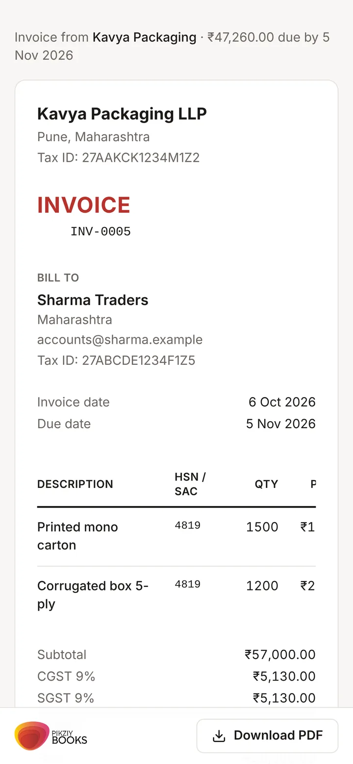 The invoice as the customer sees it on their phone, with a Download PDF button