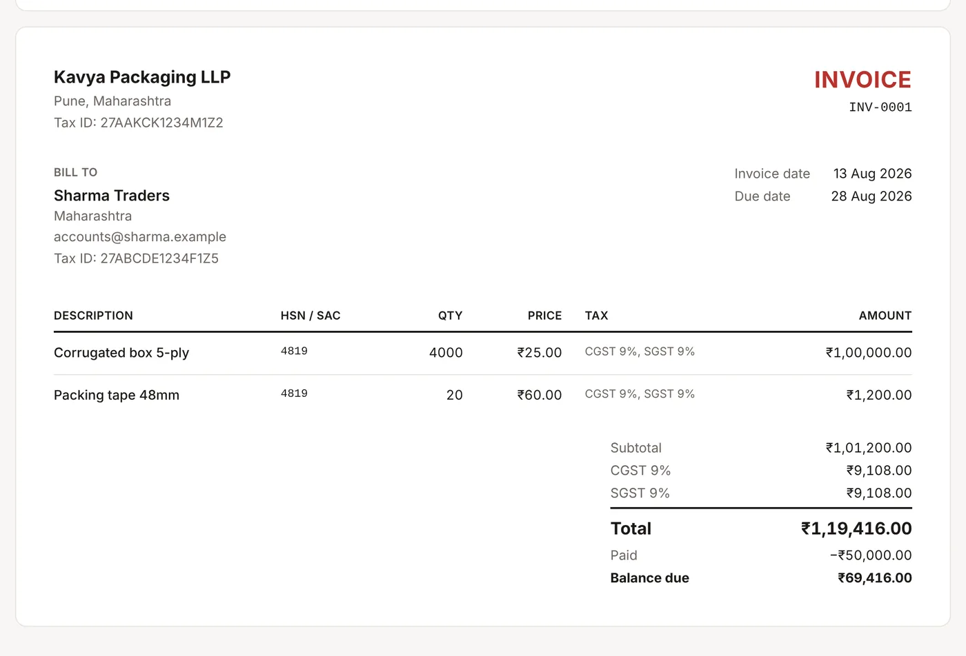 An invoice in PikZiy Books with GST lines and payments