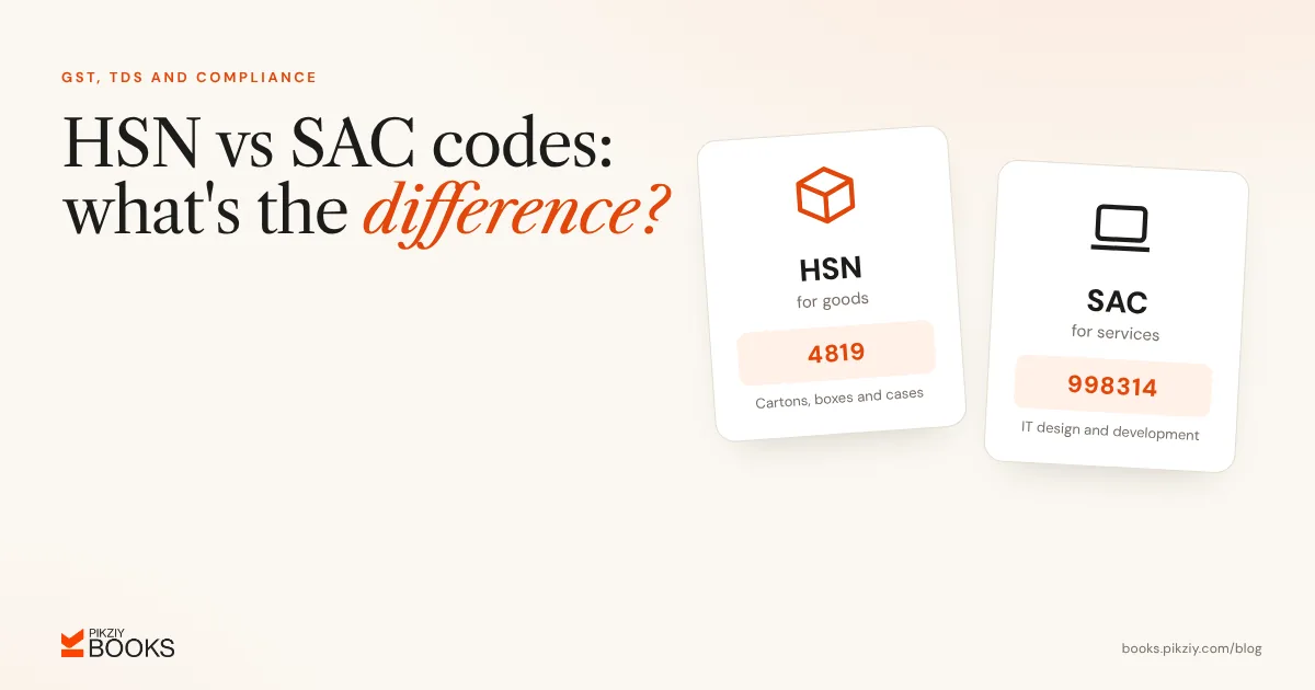 HSN codes classify goods, for example 4819 for cartons, and SAC codes classify services, for example 998314 for IT design and development