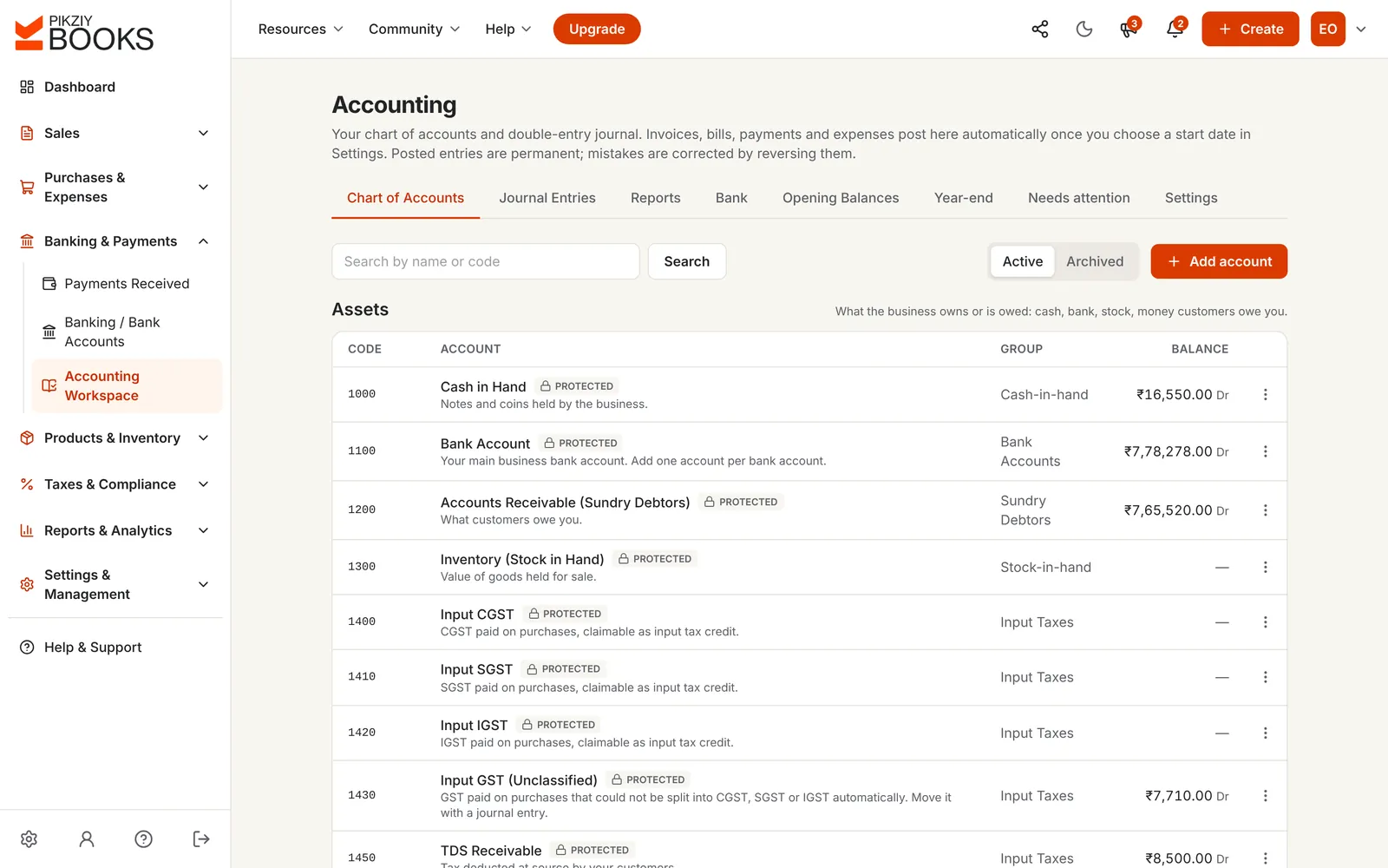 Chart of accounts: cash, bank, debtors, stock, input CGST, SGST and IGST and TDS receivable, each with its group, protected system accounts and the balance from posted entries