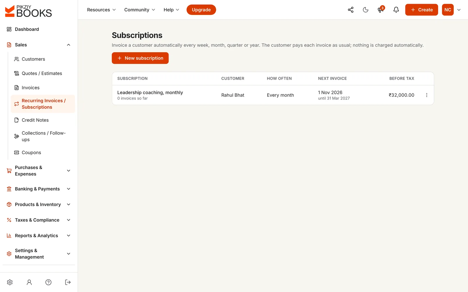 A monthly leadership coaching subscription for Rahul Bhat at ₹32,000 before tax, next invoice on 1 November 2026, until 31 March 2027