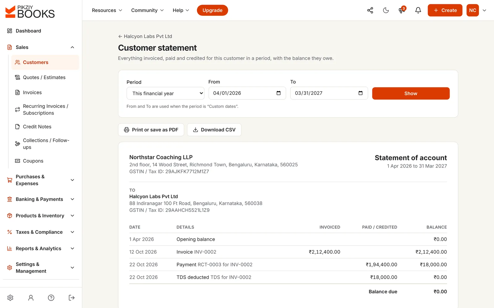Statement of account from Northstar Coaching LLP to Halcyon Labs: the ₹2,12,400 training invoice, a ₹1,94,400 payment and ₹18,000 TDS deducted, with nothing left to pay