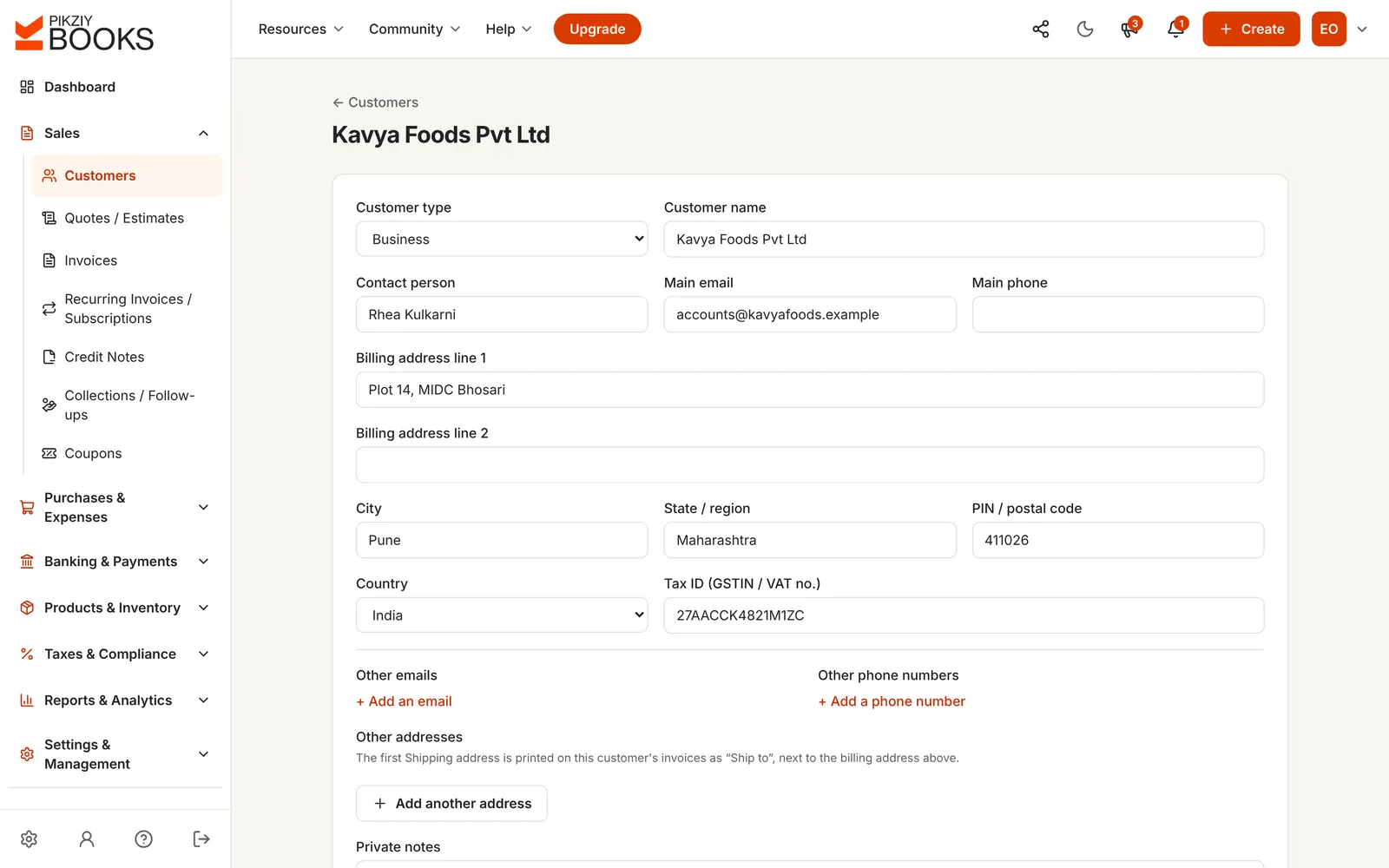A customer record for Kavya Foods Pvt Ltd with contact person, email, billing address in Pune, Maharashtra and GSTIN