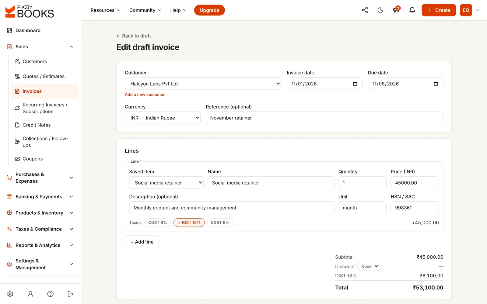 Invoice editor with a saved item, SAC code 998361, quantity and price, IGST 18% chosen for the line, and the subtotal, IGST and total worked out
