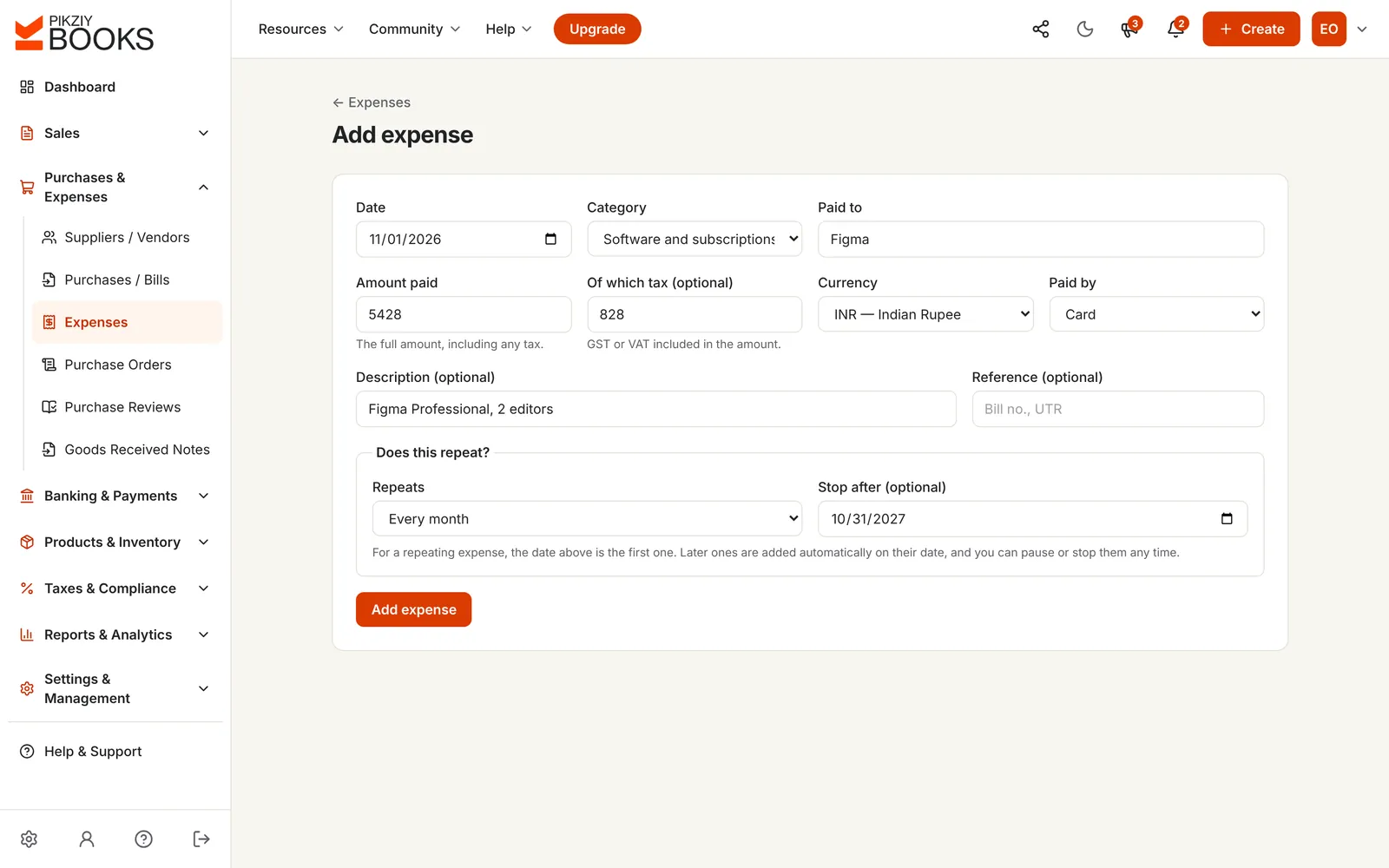 Adding an expense: date, category, paid to, amount with the tax included, payment method, and a monthly repeat with a stop date