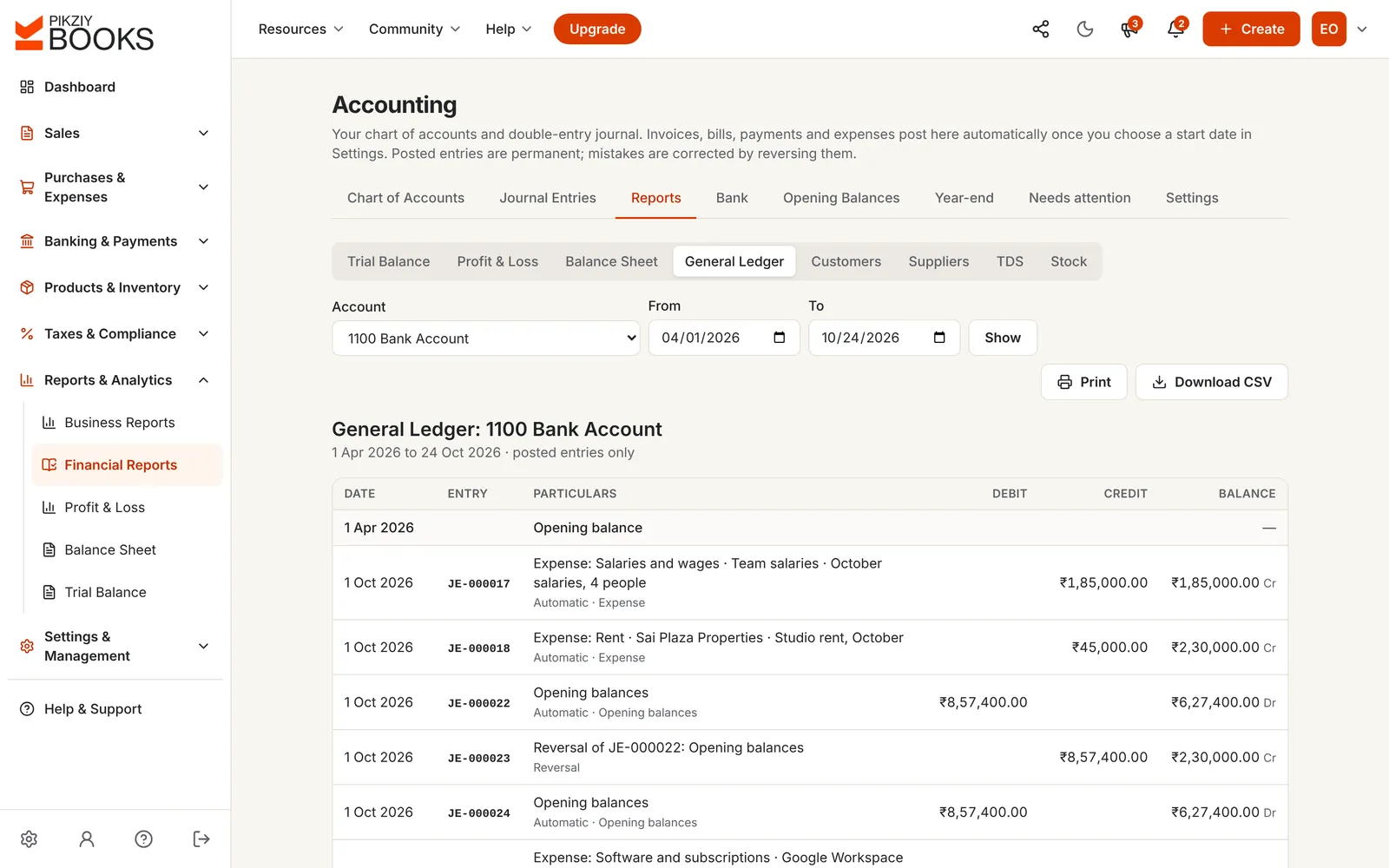 General ledger for the bank account: the opening balance, salaries, rent and software expenses and customer receipts, each with its entry number and the running balance