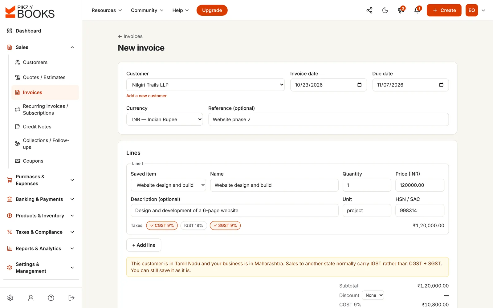 Invoice editor warning that the customer is in Tamil Nadu and the business in Maharashtra, so the sale normally carries IGST rather than CGST + SGST