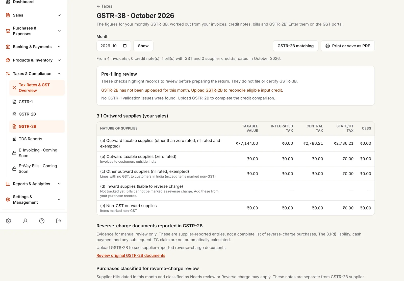 GSTR-3B for October 2026: the pre-filing review and table 3.1 outward supplies with taxable value and central and state tax