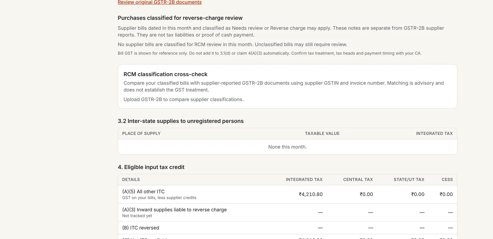 Reverse charge in GSTR-3B: supplier bills classified for review, and a cross-check of those classifications with GSTR-2B