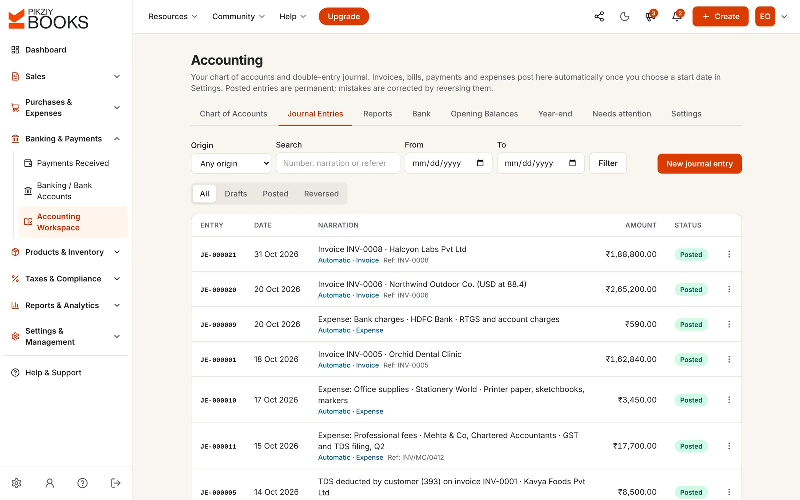 Journal entries posted automatically from invoices, expenses and payments, each with its number, date, narration, amount and Posted status