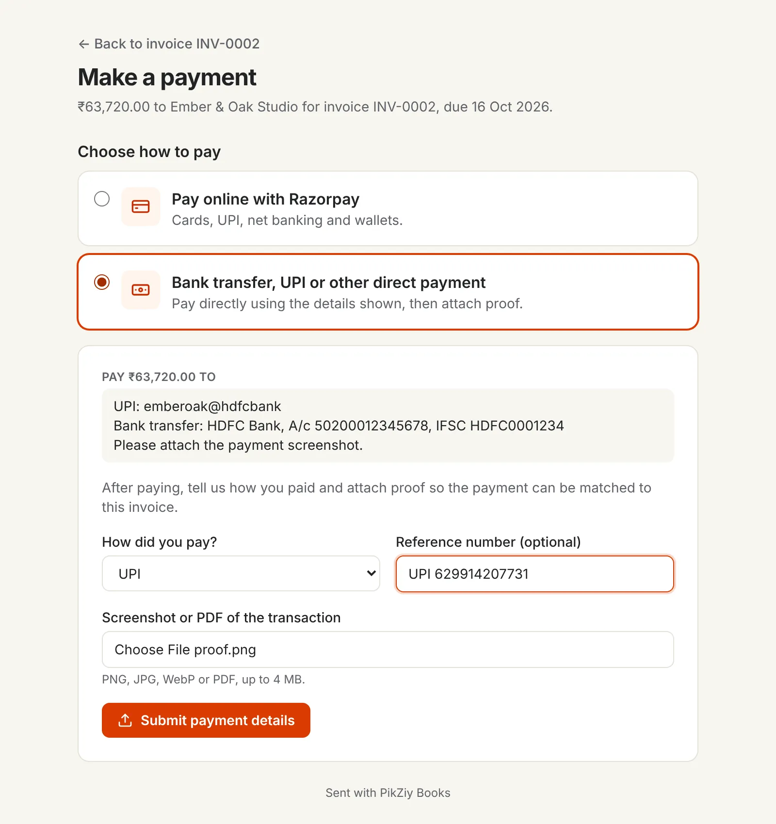 The customer's payment page: pay online with Razorpay, or by bank transfer or UPI using the business's details, then say how they paid and attach a screenshot as proof