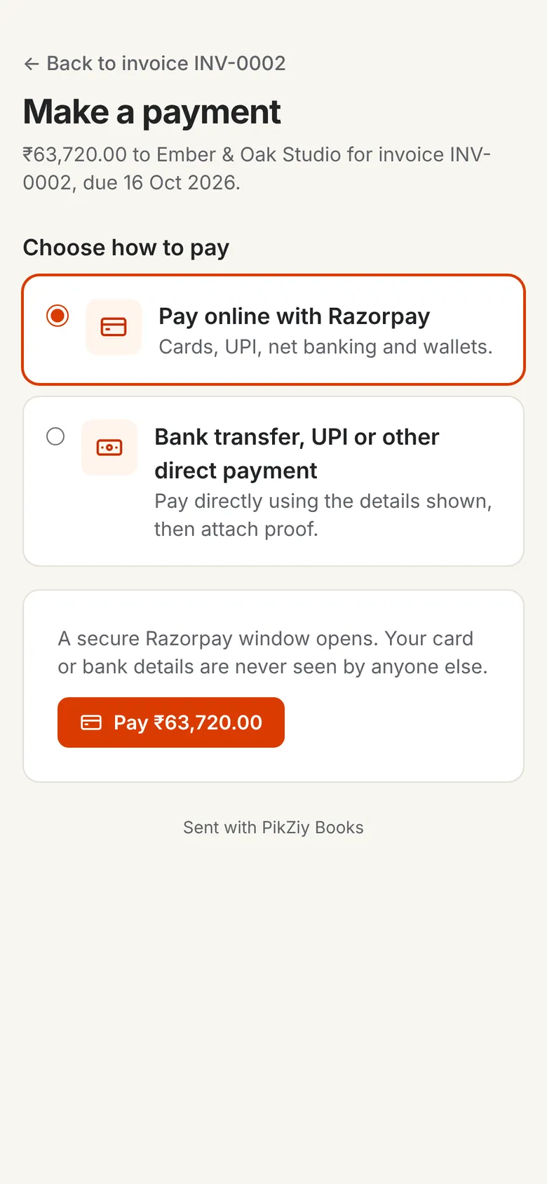 The payment page on a phone, with Pay online with Razorpay and Bank transfer, UPI or other direct payment
