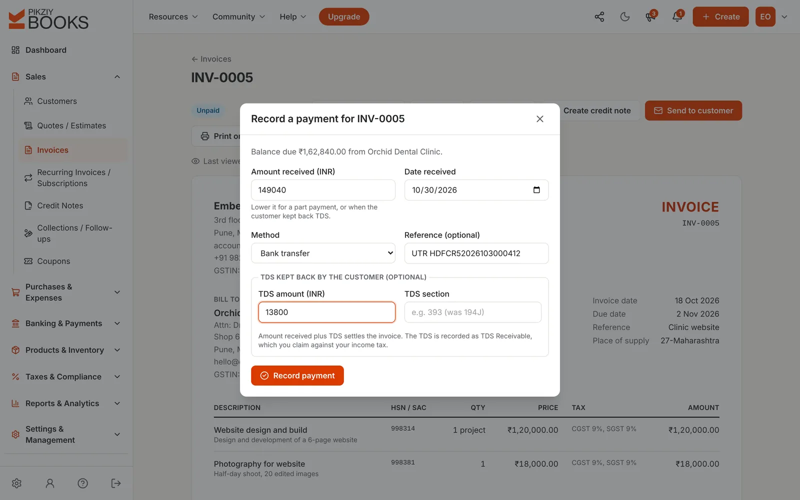 Recording a payment of ₹1,49,040 by bank transfer with ₹13,800 TDS kept back by the customer, which settles the ₹1,62,840 invoice