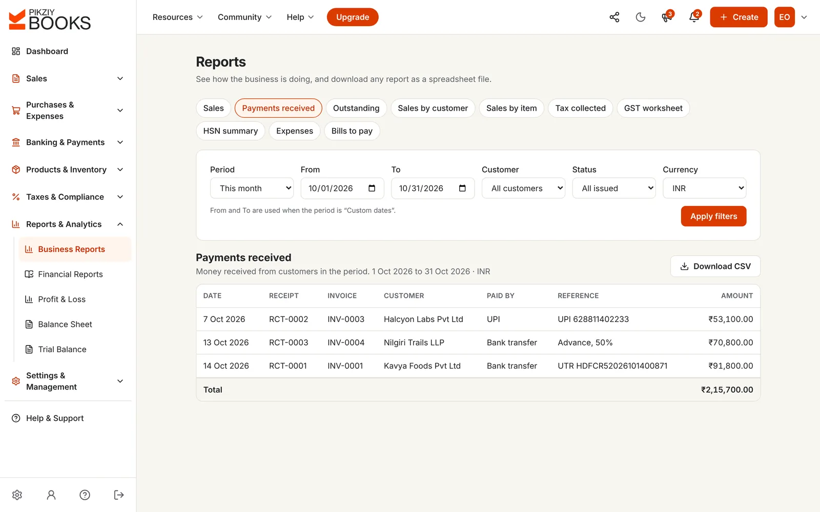 Payments received report for October 2026: receipt numbers, invoices, customers, how each was paid and references, with the total and a CSV download