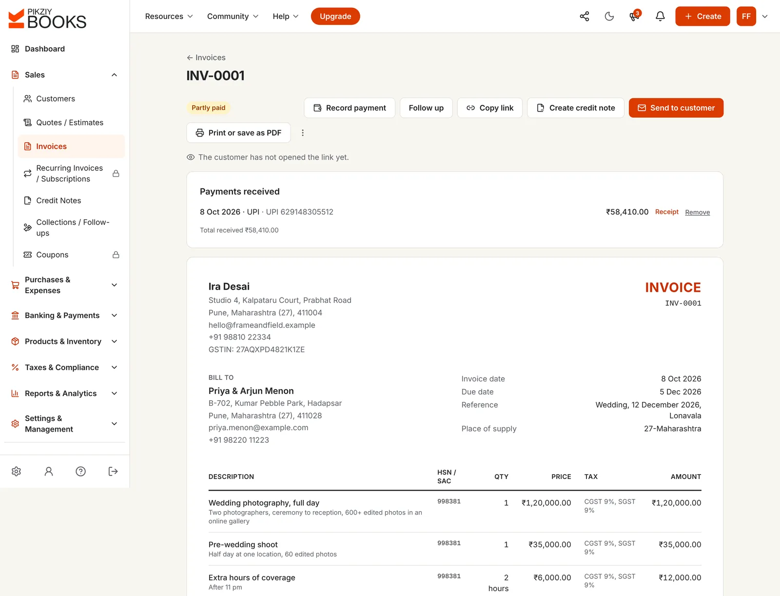 The wedding invoice marked Partly paid, with a ₹58,410 booking deposit received by UPI and its receipt, and the package lines with SAC 998381