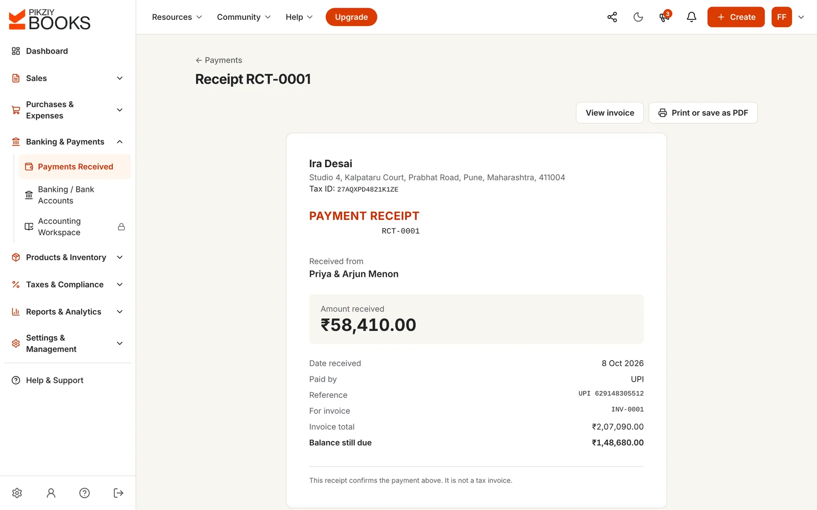 Receipt RCT-0001 for the ₹58,410 booking deposit from Priya & Arjun Menon by UPI, showing the invoice and the balance still due