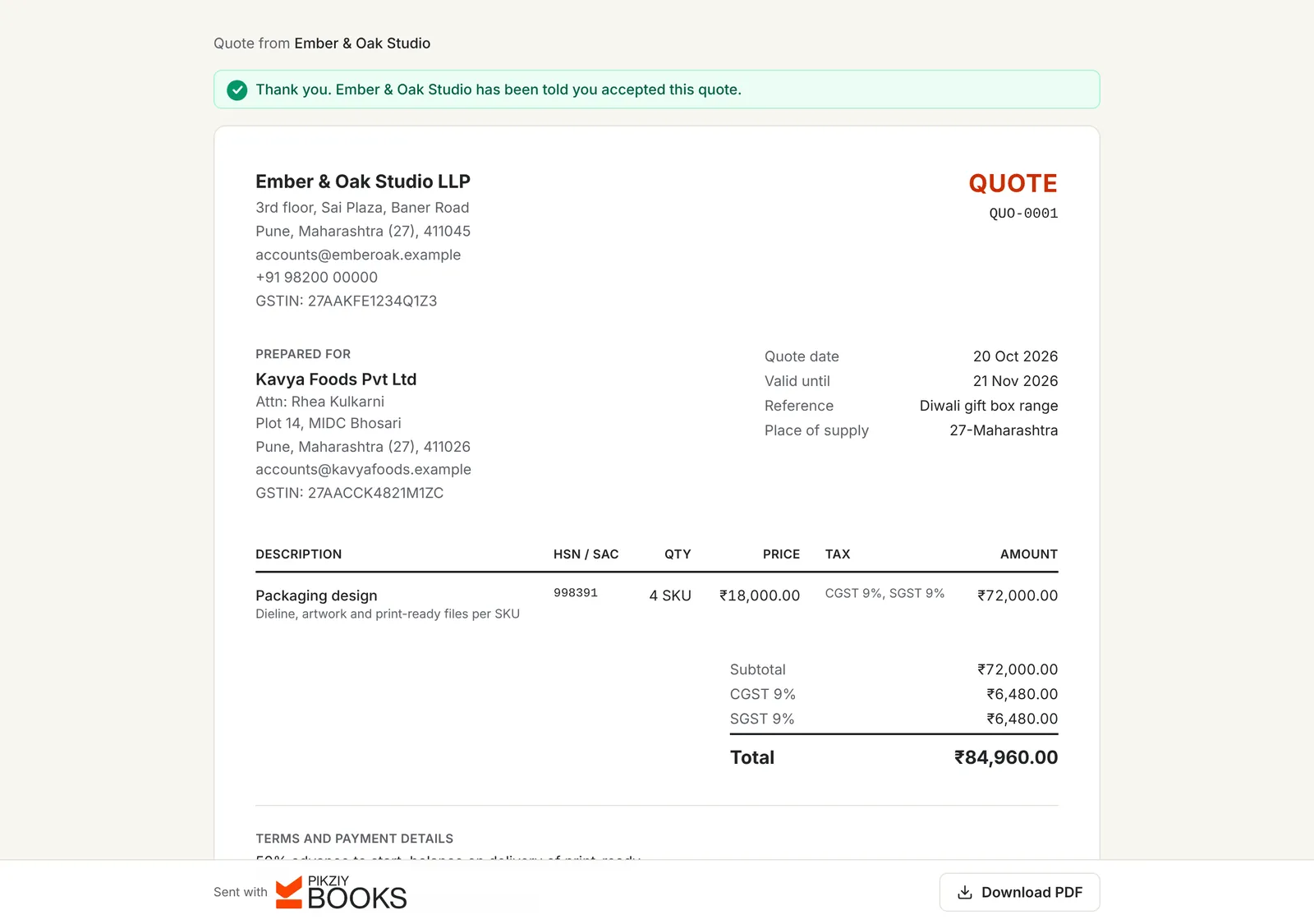 The quote after the customer accepted it, confirming that Ember & Oak Studio has been told, with the quote and a Download PDF button