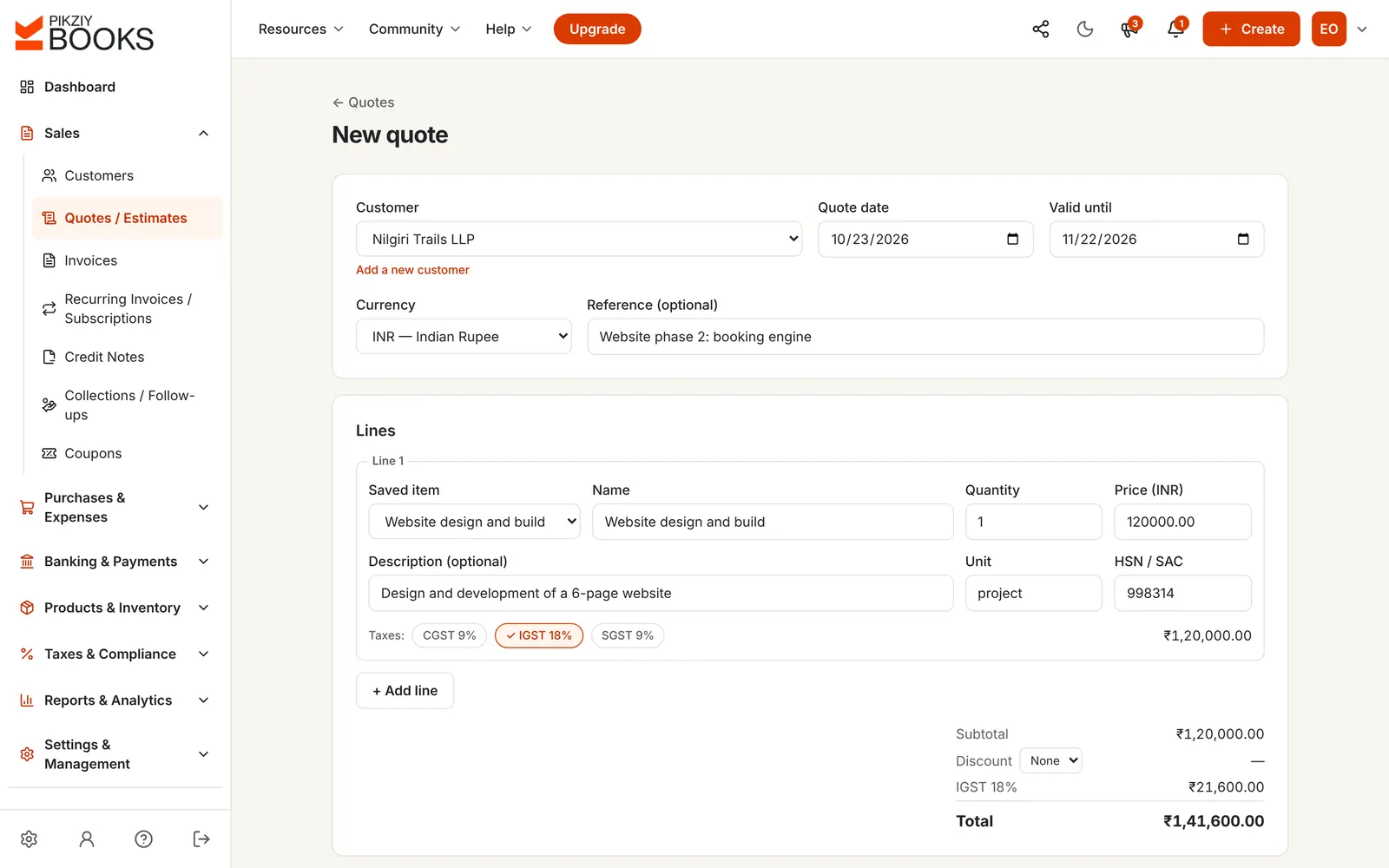 New quote for Nilgiri Trails LLP with a saved item, SAC code 998314, IGST 18% and a valid-until date a month after the quote date