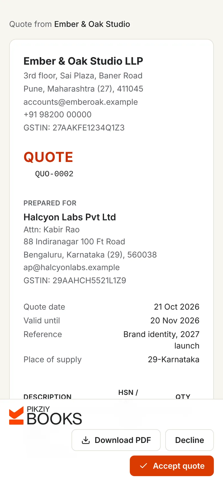 A quote opened on a phone from its link, with Download PDF, Decline and Accept quote buttons