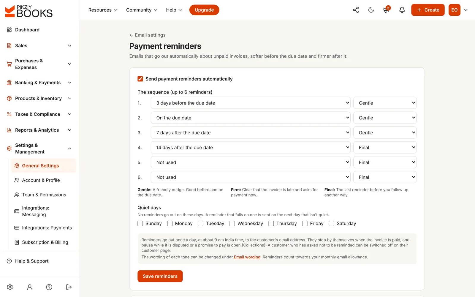 Payment reminder settings: gentle reminders 3 days before, on and 7 days after the due date, a final one at 14 days, and quiet days