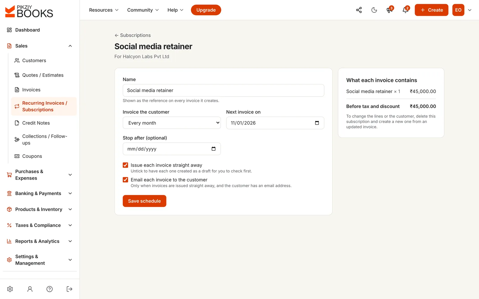 A monthly retainer set to invoice the customer every month from 1 November 2026, issuing and emailing each invoice automatically