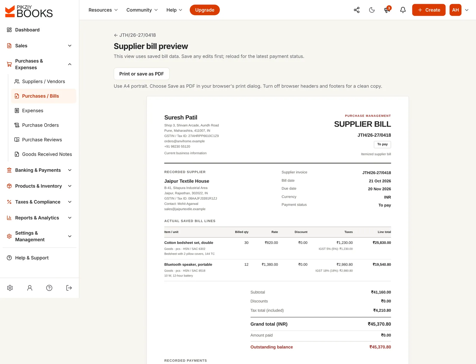 An itemised supplier bill from Jaipur Textile House in Rajasthan: 30 bedsheets and 12 speakers with HSN codes and IGST, ₹45,370.80 to pay by 20 November