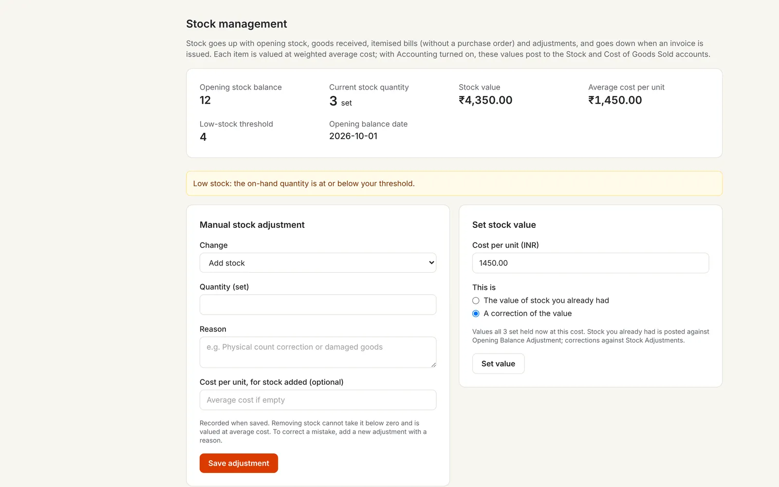 Stock for one item: opening balance, 3 sets on hand, stock value at weighted average cost, the low-stock threshold and a low-stock warning, with a manual adjustment form