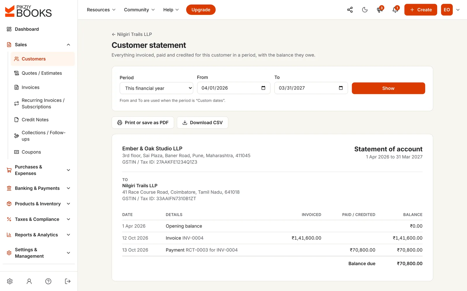 Customer statement of account for Nilgiri Trails LLP for the financial year: invoice, payment and balance due, with print and CSV download