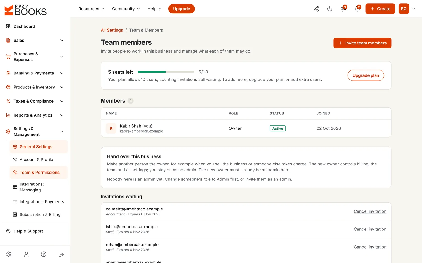 Team members: the owner, an invitation waiting for the studio's chartered accountant with the Accountant role, and 5 of the plan's 10 seats left