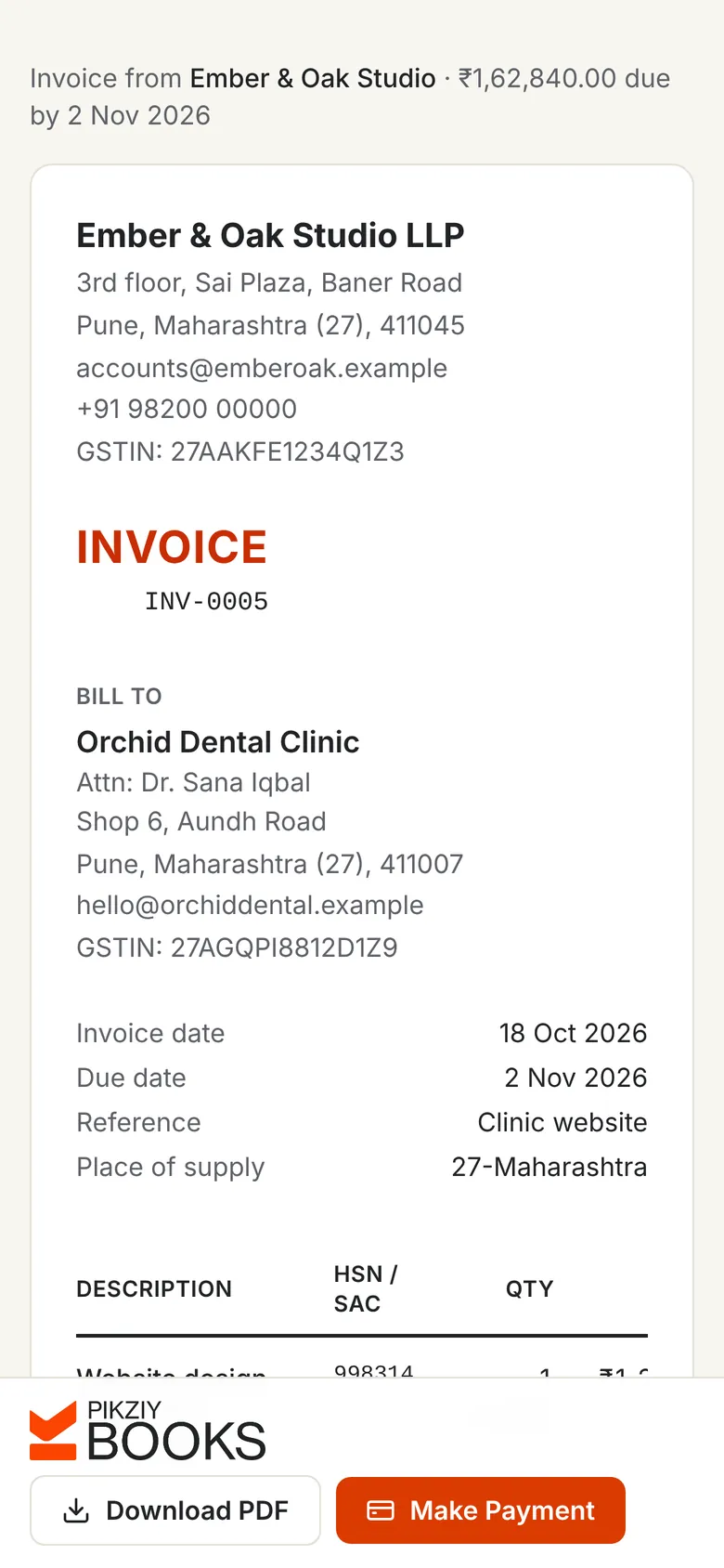 An invoice opened on a phone from its link, with Download PDF and Make Payment buttons