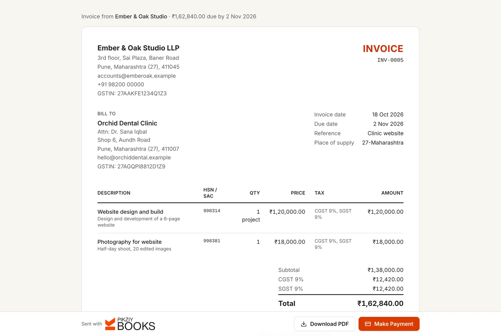 The invoice as the customer sees it from its private link: seller and buyer details with GSTINs, HSN/SAC codes, CGST and SGST, and Download PDF and Make Payment buttons